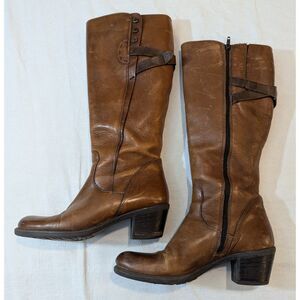 Clarks Brown Leather Knee High Riding Boots Side Zip Block Heel Women’s 8M